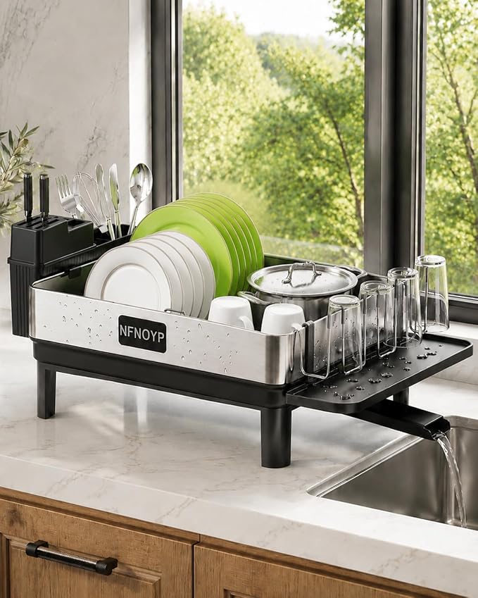 Dish Drying Rack, 304 Stainless Steel Dish Rack and Drainboard Set, Rustproof Dish Drainer with Anti-Pooling Automatic Drainage, Large Capacity Kitchen Counter Organizer, Black - Image 7