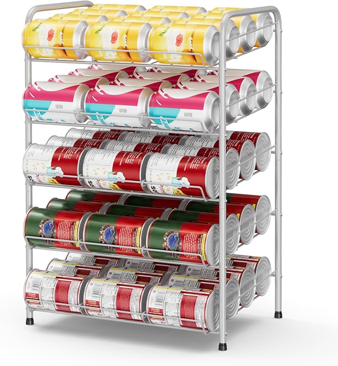 Vrisa Can Organizer for Pantry Canned Food Storage Rack for Kitchen, Silver | 17*11*25 in, Metal, 5 Tier, Holds Up to 60 Cans, , Tilt Design, Freestanding, Soda Can Dispenser, for Pantry/Cabinet by Vrisa