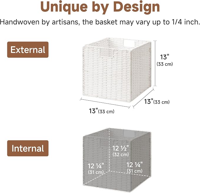StorageWorks 13 inch Wicker Storage Baskets, White Wicker Baskets, Foldable | 2-Pack,Handwoven Baskets for Organizing,Paper Rope Square Storage Cubes,Organizer Baskets,Wicker Storage Cubes,Square Baskets - Image 2