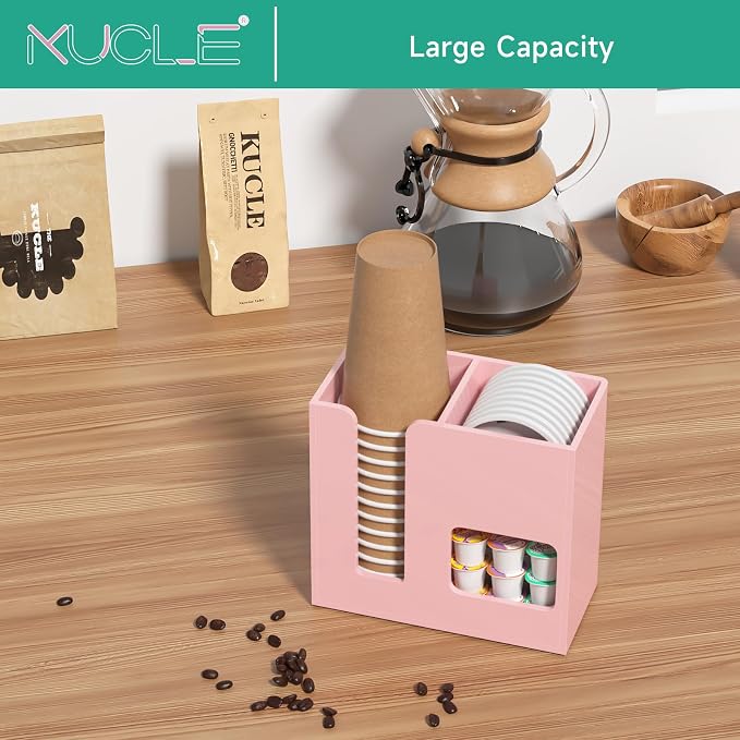 2-Tier Coffee Station Organizer for Countertop, 3 Compartments Pink Acrylic Cup and Lid Holder Tea Condiment Storage Upright Coffee Bar Organizer Pod Dispenser for Office Breakroom Home Kitchen - Image 7