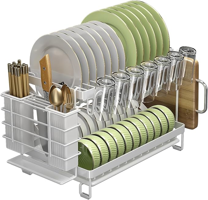 Good Grips Carbon Steel Fold Flat Dish Drying Rack, 2-Tier, with Drainboard, for Kitchen Counter, Collapsible (White) by LMingKun