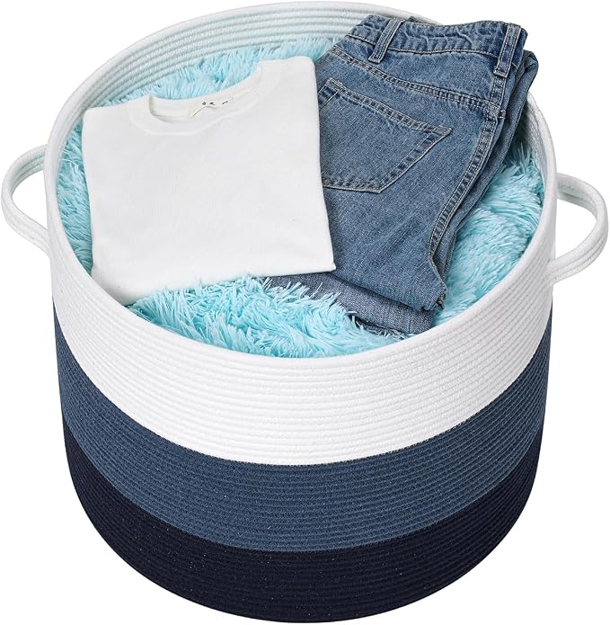 20x15 Inch Extra Large Round Cotton Rope Storage Basket with Lid, Decorative Woven Bin with Cover for Living Room Bedroom Closet, Blue & Deep Blue - Image 6