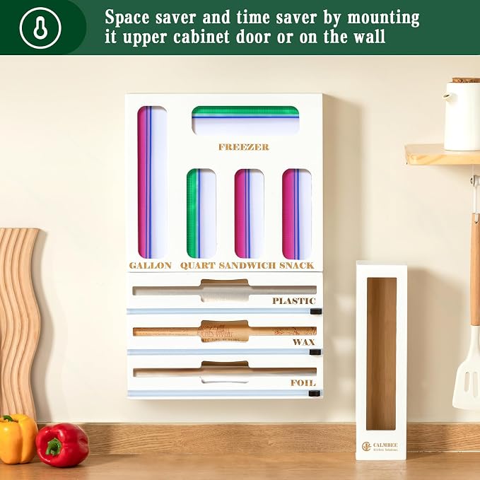 Calmbee 9 in 1 Bamboo Storage Bag Organizer for Kitchen Drawer – Plastic Wrap Dispenser with Cutter & Foil Organizer, Wooden Baggie Organizer for Sandwich, Snack, Gallon, Quart Sizes, White - Image 6