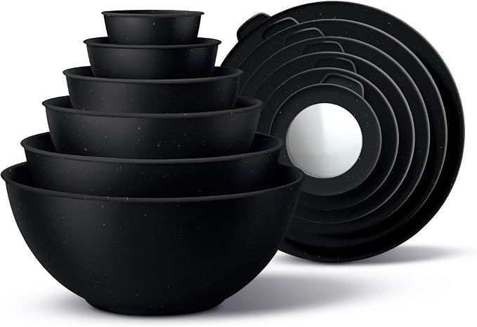 COOK WITH COLOR Mixing Bowls with TPR Lids - 12 Piece Plastic Nesting Bowls Set includes 6 Prep Bowls and 6 Lids, Microwave Safe (Speckled Black) by CookwithColor
