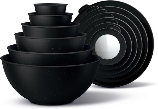 COOK WITH COLOR Mixing Bowls with TPR Lids - 12 Piece Plastic Nesting Bowls Set includes 6 Prep Bowls and 6 Lids, Microwave Safe (Speckled Black) by CookwithColor