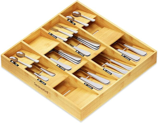SpaceAid Bamboo Silverware Drawer Organizer with Labels, Kitchen Utensil Tray Holder Organizer for Flatware, Cutlery, Spoon and Knives Drawer Storage Organization (12 Slots) by SpaceAid