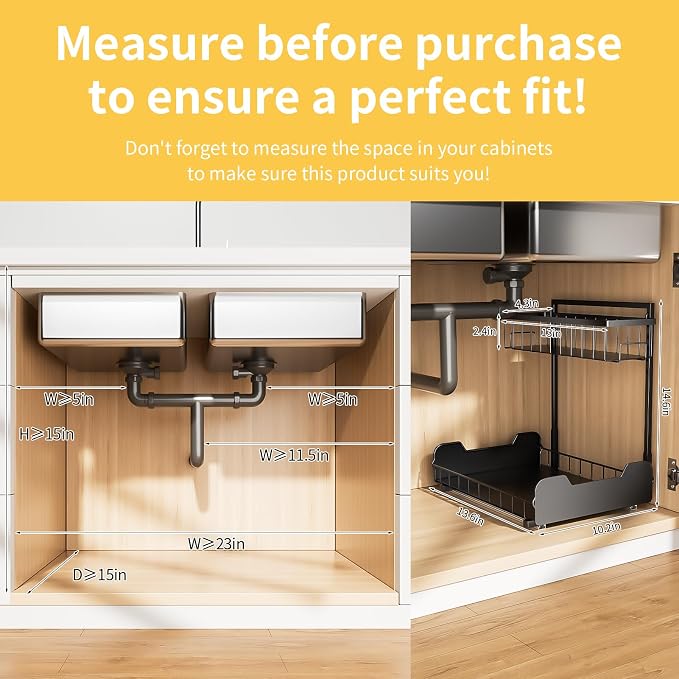 Under Sink Organizer, 2-Tier L-Shaped Pull Out Cabinet Shelf with 2 Installation Methods, Adjustable Sliding Storage Drawer for Kitchen, Bathroom, Laundry, Metal, Black, 2-Pack - Image 2