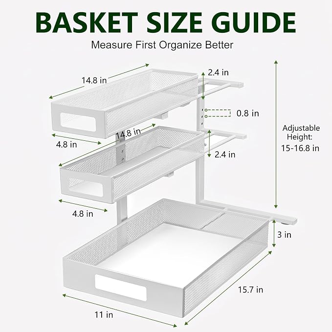 3 Tier Under Sink Organizer,1 Pack Pull Out Cabinet Shelves with Adjustable Height,Heavy Duty Carbon Steel L-Shaped Storage for Kitchen Bathroom Sink,Pantry & Laundry,White - Image 2