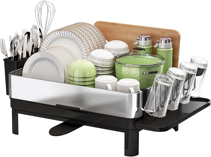 1 Tier Large Stainless Steel Dish Drying Rack with Drain Board | Space Saving, Rust Proof Metal, Automatic Drainage Drainer for Kitchen Counter, Modern Black and Silver for Pots and Pans by Boosiny