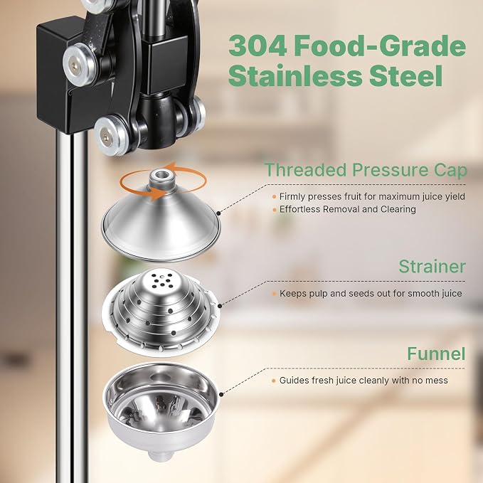 Cast Iron Manual Juicer For Orange Lemon Lime Pomegranate &Citrus | Heavy-Duty Hand Press Juicer, Orange Squeezer, 17"Tall, Sturdy Flat Base & Stainless Steel Cup, Easy to Clean, Black - Image 4
