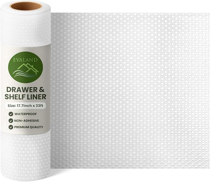 EVALAND Shelf Liner Cabinet Liner Non-Adhesive Drawer Liner 17.7 in x 33 FT | Non-Slip, Washable, Waterproof, Fridge Liners, Contact Paper, Shelf Liners for Cabinets, Kitchen, Refrigerator, Clear - Image 9