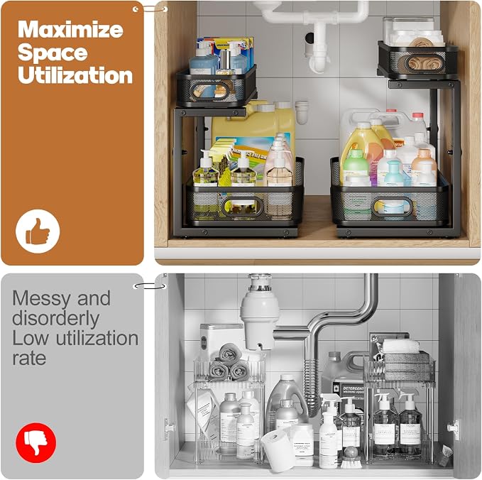 2 Pack 19.3IN-Depth Under Sink Organizer with Smooth Cylindrical Rail,2-Tier Pull Out Multi-Purpose Cabinet Storage for Bathroom&Kitchen,Height Adjustable,Rust-Resistant Coating-Black - Image 5