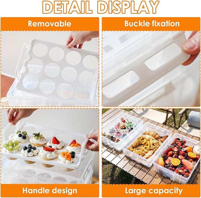 Cupcake Carrier Stackable Storage Container Collapsible Cake Carrier with Lid and Handle, with 50 PCS Cupcake liners,Reusable Plastic Dessert Travel Container,Transport Box (24 Cupcakes White) - Image 4