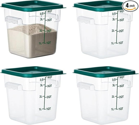 BIEAMA 4 Pack 4 Qt Square Food Storage Containers with Lids, NSF, Clear | Commercial polycarbonate containers with scale markings and handles; stackable for prep, brining, fermentation & bulk storage by BIEAMA