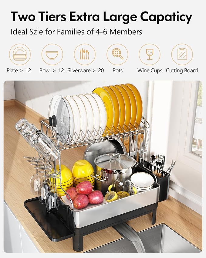 2 Tier Large Stainless Steel Dish Drying Rack with Drain Board | Space Saving, Rust Proof Metal, Automatic Drainage Drainer for Kitchen Counter, Modern Black and Silver for Pots and Pans - Image 7