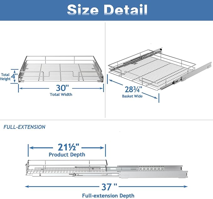 Pull Out Cabinet Organizer 30" W x 21½" D, Heavy Duty Cabinet Pull Out Shelves, Slide Out Drawers Organization for Kitchen Cabinets Bathroom - Image 3