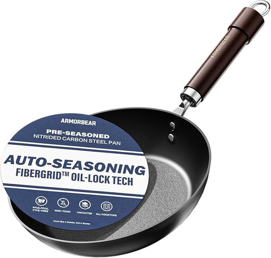 8 Inch Self-Seasoning Nitrided Carbon Steel Pan, Small Skillet for Eggs Camping and Individual Cooking Portions, Pre-seasoned, Wooden Handle, PFAS Free by Unknown