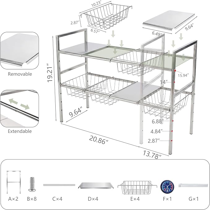 Under-Sink Organizer 2-Tier Expandable Cabinet Storage (4 panels 4 baskets) | LED Motion-Sensing Auxiliary Lighting Dial Thermometer Stainless Steel Telescopic & Adjustable Rust-Resistant - Image 2