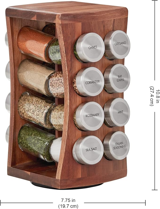 Kamenstein 16 Jar Hourglass Revolving Countertop Spice Rack with Spices Included, FREE Spice Refills for 5 years, Acacia with Stainless Steel Caps - Image 3