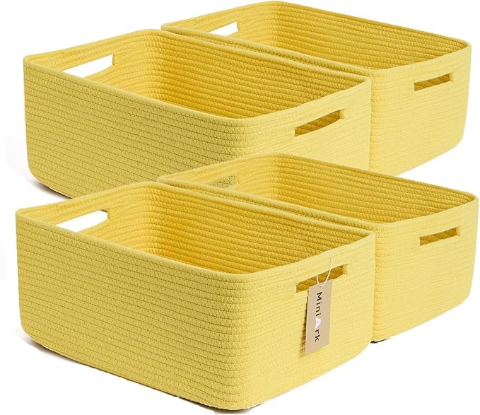 MiniArk Large Storage Baskets for Organizing, 17 x 13 x 7.5” Closet Shelf Baskets for Clothes Blanket Towels, Baby Nursery, Toy Bins Box, Woven Rope Baskets, 4 Packs Yellow by MiniArkStorageBasketsHome