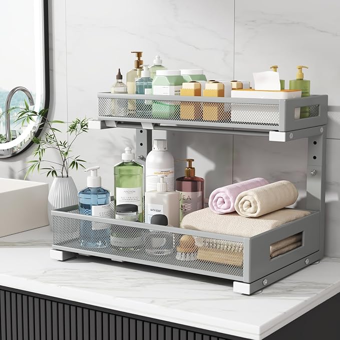 1 Pack 17IN Depth Under Sink Storage Organizer, Large 2-Tier Elegant Mesh Pull Out Shelf for Kitchen and Bathroom Cabinet Organization, L-Shaped and Adjustable Height Design-Gun Gray - Image 7