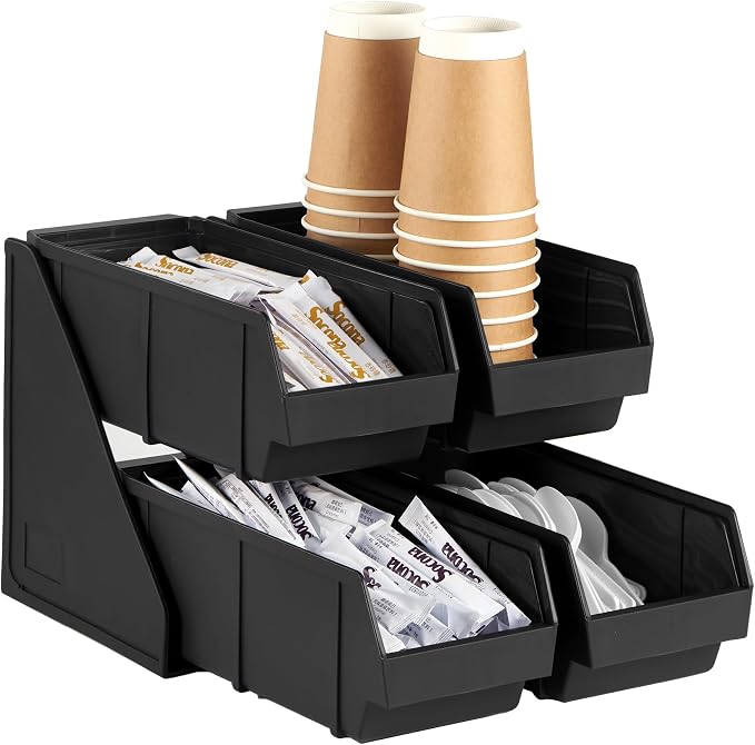 Black Self Serve Condiment Bin Stand Set, Removable Condiment Organizer with 2-Tier Stand and 4 Condiment Bins, 16" D x11.25 W x 9.5" H, Coffee Bar Beverage Station by CURTA