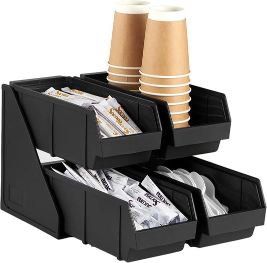 Black Self Serve Condiment Bin Stand Set, Removable Condiment Organizer with 2-Tier Stand and 4 Condiment Bins, 16" D x11.25 W x 9.5" H, Coffee Bar Beverage Station by CURTA