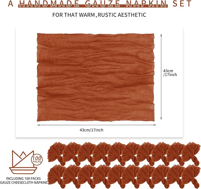 100 Pieces Cloth Napkins Terracotta Dinner Cheesecloth Napkins for Wedding,Wrinkled Cloth Napkins Bulk for Home Party Rustic Table Decoration, 17 x 17 Inch - Image 2