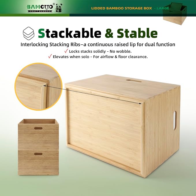 BAMOTTO CRAFTBAMBOO Large Lidded Bamboo Storage Bin 14.6”x10.2”x9.6” | Stackable | Cutout Handles | Natural Bamboo Box Basket for Kitchen Pantry Office Closet, Organize Tableware Toys Crafts Books - Image 3