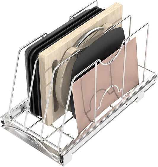 Pull Out Cookie Sheet Organizer, 10" W x 22" D x 11" H, Chrome | For Cabinet, Pan and Pot, Cutting Board, Bakeware, Tray Organizer Rack, Sliding Rack- Heavy Duty, Adjustable Divider Width by STORKING