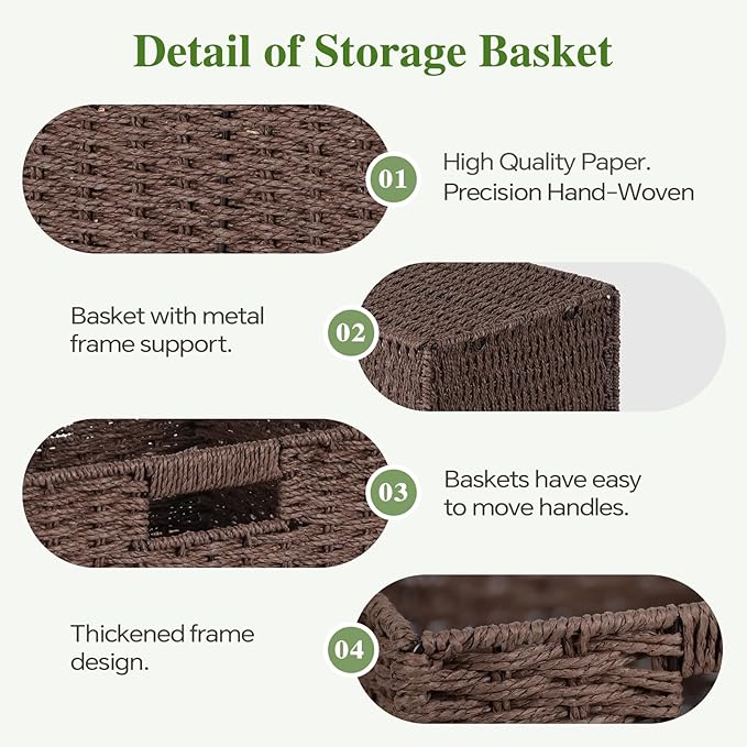 Patvingot 11-Inch Paper Rope Wicker Basket with Built-In Handles,4 Pack | For books, throws and accessories on open shelves, decorative woven texture, metal frame supports the shape, folds flat - Image 5
