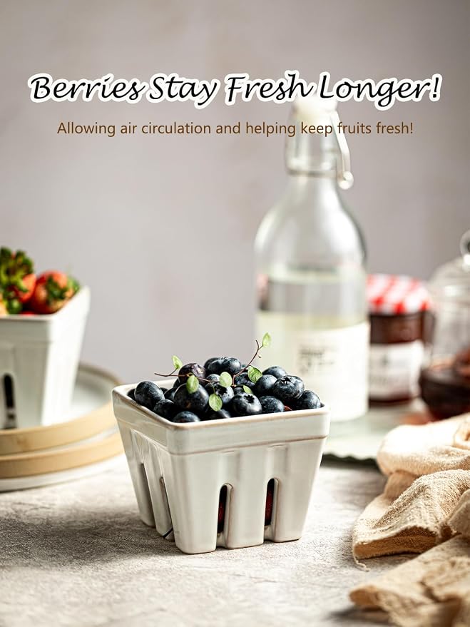 Gomakren Ceramic Berry Basket Set of 2, Square Fruit Bowl with Holes, Small Fruit Basket Containers for Kitchen Counter, Berries, Strawberry, Grape, Cherry, White - Image 3