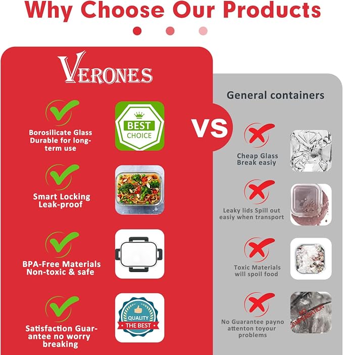 VERONES 30 Pieces Glass Food Storage Containers Set with Lids, Red | Stackable Glass Meal Prep Containers Set with Lids, Airtight Lunch Containers, for Microwave, Oven, Freezer & Dishwasher - Image 5