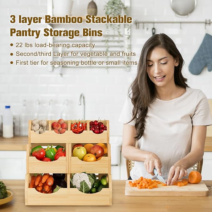 Upgraded 3-Tier Bamboo Pantry Storage Bins, Ventilated Stackable Potato & Onion Organizer w/ Spice Tray & 3 Veggies Baskets for Kitchen, Pantry, Bathroom & Living Room - Image 5