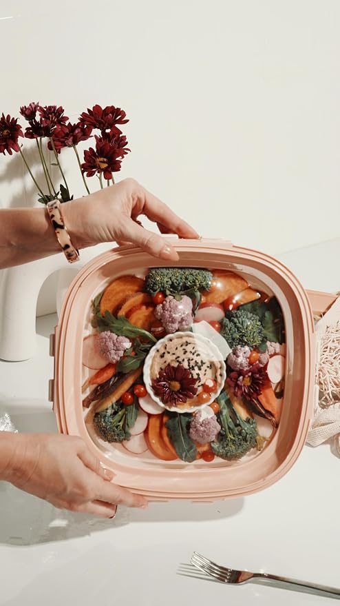 Crudités Portable Stretch-Lid Snack Tray, Square 2-Pack, Coral Pink - Image 3