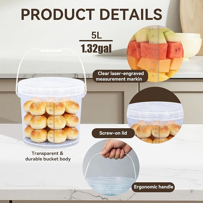 3 Pack 2.6 Gal & 1.3 Gallon Bucket with Lid, Clear Plastic Food Storage Containers, Food Grade Buckets with Lids for Ice Cream, Dog Food, Water, Large Quart Container with Handle - Image 8