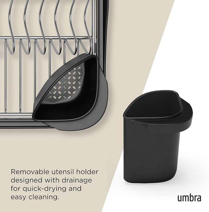 Umbra Sinkin Dish Drying Rack, in Sink or on Counter Drainer, Black/Nickel | Durable steel wire frame, rubber coated feet, low profile design, plastic base - Image 5