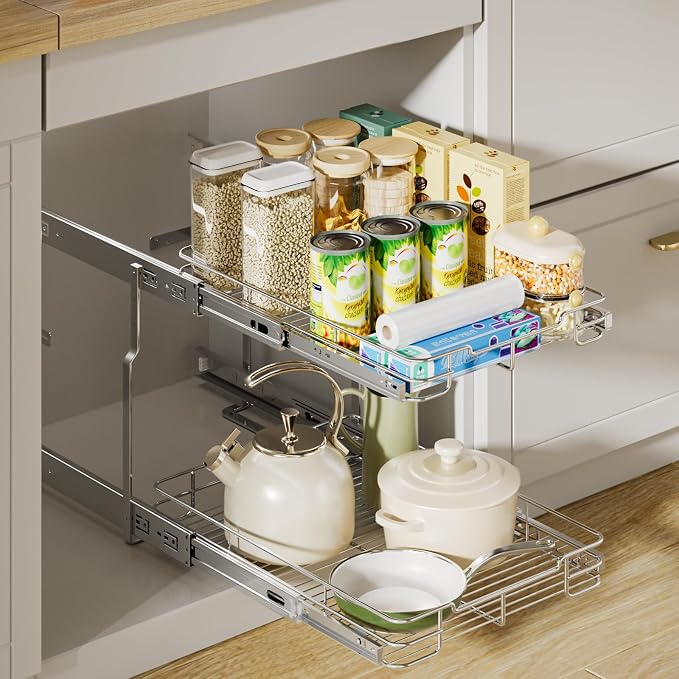 Delamu Pull Out Cabinet Organizer 2-Tier 14" W x 21" D Heavy Duty Chrome-Plated Slide Out Drawers, Kitchen Drawer Organizer Pull Out Shelves for Pots & Pans, Home Pantry Cans & Spices, Silver - Image 2
