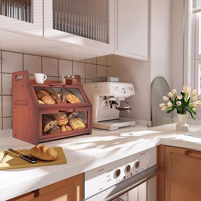 BAMBANG Bread Box for Kitchen Countertop, Extra Large Double Layer Bamboo Breadbox with Clear Window, Farmhouse Wooden Bread Storage Container for Homemade Bread, Knife & Cutting Board Holder, Brown - Image 6