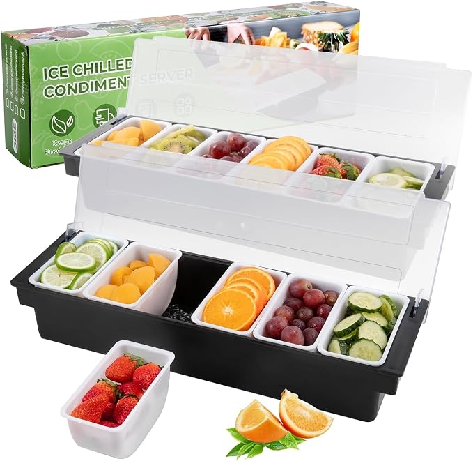 Ice Cooled Condiment Caddy Set of 2 with Lid, 6 Compartments | Under-tray ice space for chilling, removable trays for quick refill, finger-grip handles, for bars buffets by POWLAB