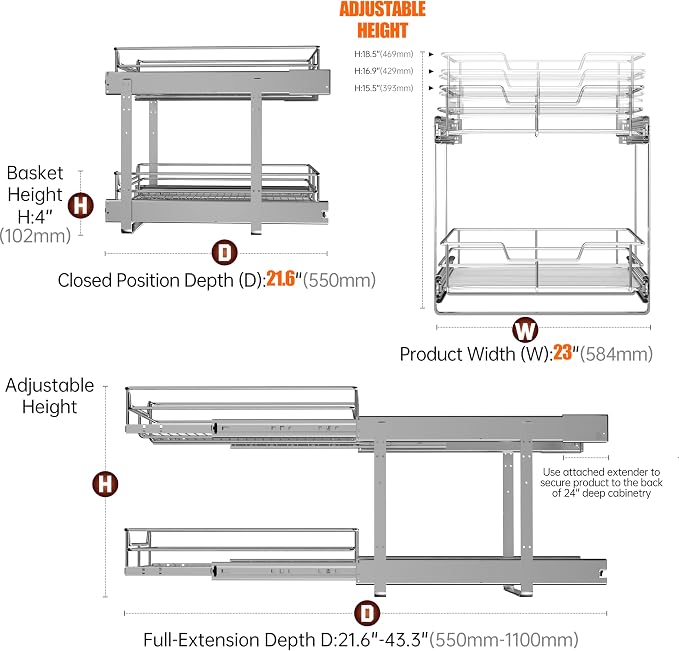 2-Tier Pull Out Cabinet Organizer, 23" W x 22" D, Chrome | Heavy-Gauge Wire Slide Out Shelves, 100 lbs Capacity, Ball-Bearing Glides, Min 24" Opening, For Heavy Appliances - Image 5