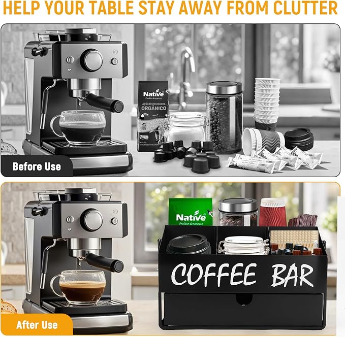 Coffee Bar Accessories Organizer - Metal Countertop Coffee Station with Drawer, Pod Holder & Condiment Organizer (Black) ﻿ - Image 5