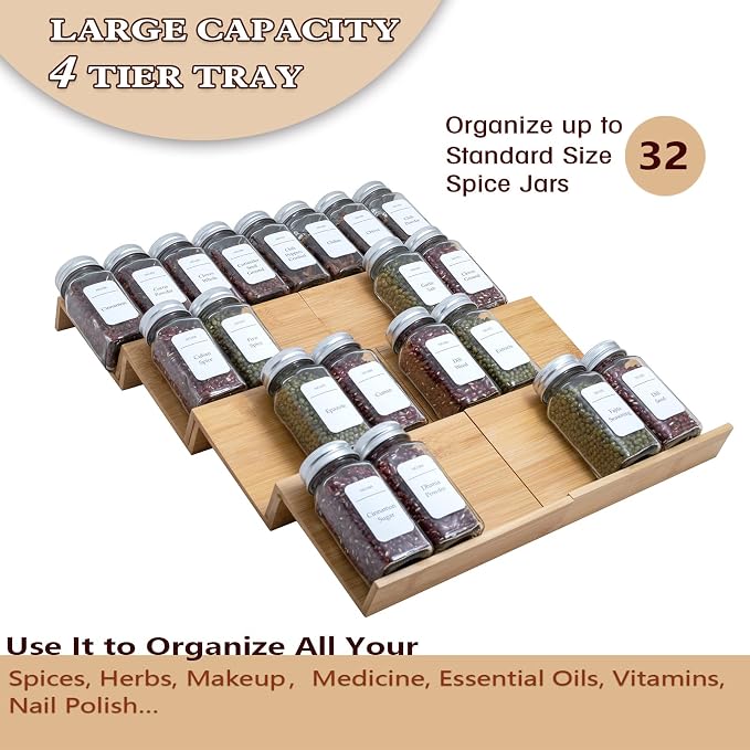 Bamboo Spice Rack Drawer Organizer - 8 Pieces Set- 7" Wide Per Piece - Combine Pieces Into 14" Wide Rack (7" or 14") - Image 2
