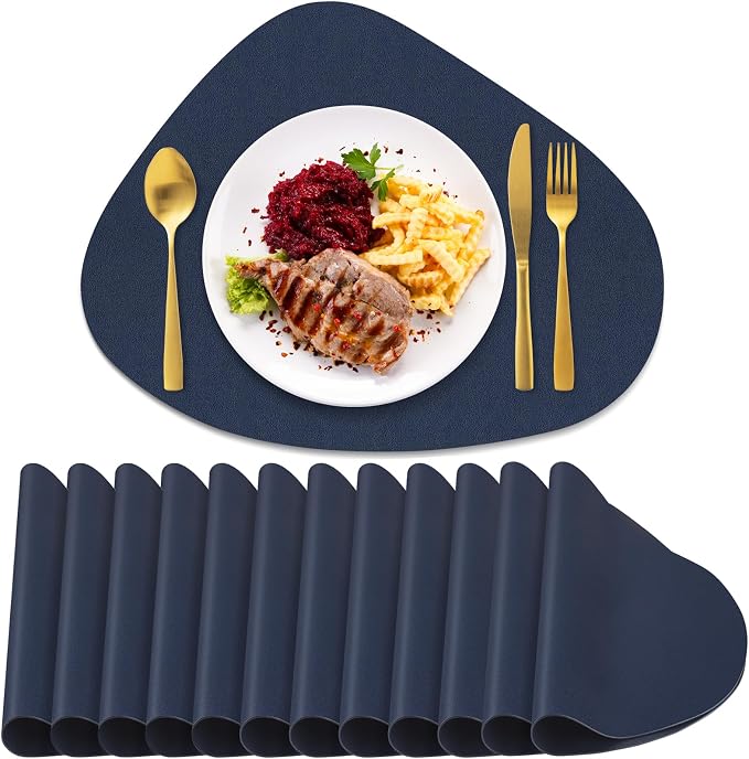 Faux Leather Placemats Set of 12, Wipeable & Washable Table Mats | Waterproof, Heat-Resistant & Easy to Clean Round Place Mats for Dining & Kitchen, 17''x13'', Blue by Delicateandelegantplacemats