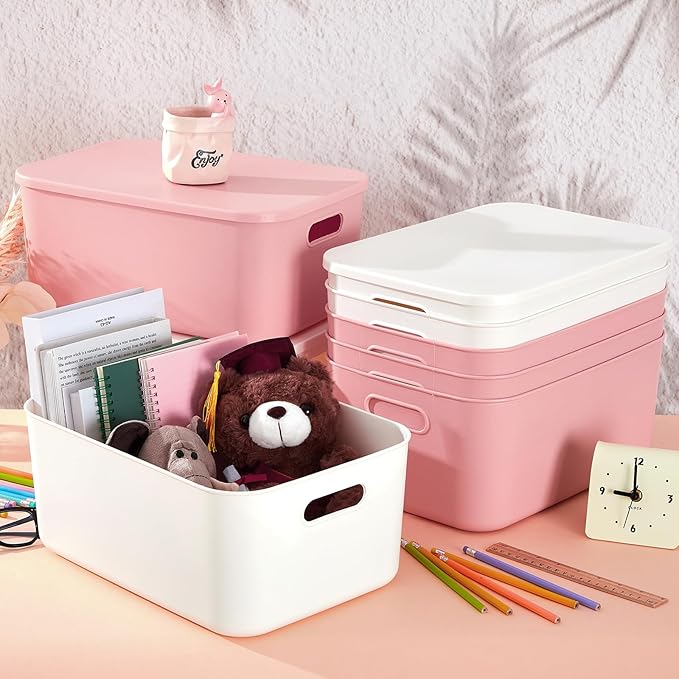 8 Pieces Colorful Storage Bins with Lid, Plastic Storage Basket Organizing Container Stackable Box with Handle for Shelves Desktop Playroom Office(13.8 x 9.8 x 5.9 Inch,White and Pink) - Image 4