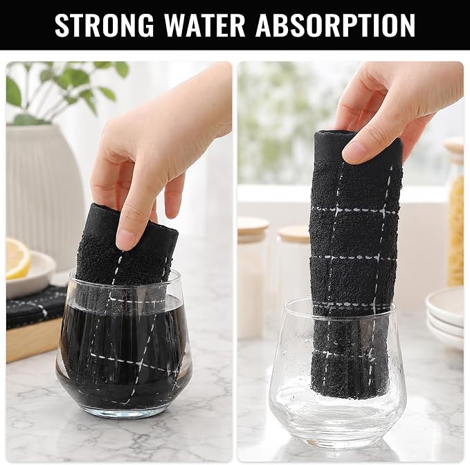 Kitinjoy 100% Cotton Terry Kitchen Towels, 13”x 28”, 6-Pack, Black | Checkered Designed, Ultra Soft Absorbent Quick Drying Dish Towels - Image 5