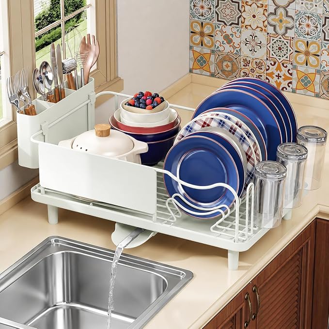 KINGRACK Dish Drying Rack for Kitchen Counter, Dish Drainer with Cup Holder | 16.9"L x 12.4" W Dish Rack with Spacious Drying Capacity, Quick Auto Dish Drainer for Plate Dish Dinnerware, Pale Green - Image 2
