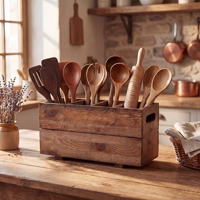 Chumia Extra Large Wooden Kitchen Utensil Holder Organizer for Counter Countertop, Farmhouse Rustic Utensil Holder Container for Storage Cooking Spoons Silverware Tools with 4 Compartments - Image 4