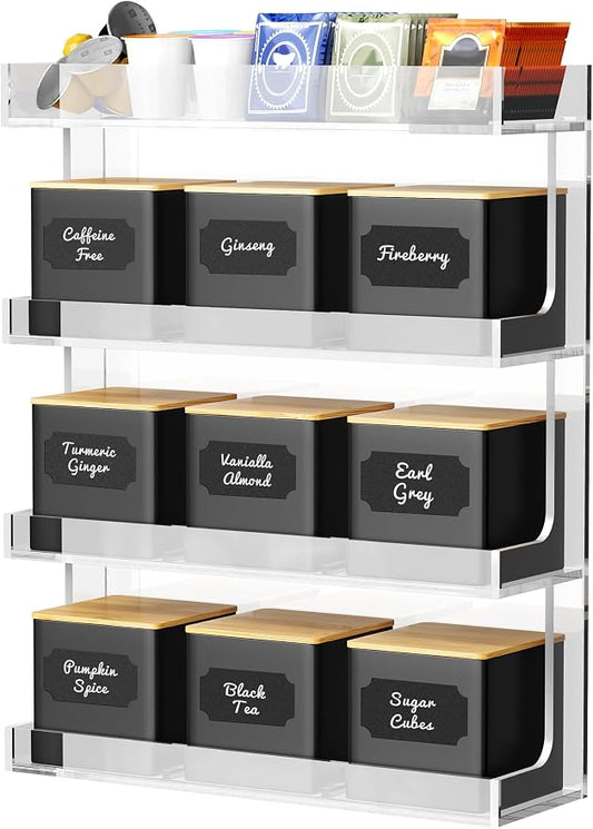 NiHome Tea Organizer Rack with 9 Airtight Canisters, Loose Leaf Storage | Dual Lids in Bamboo or Metal, Top Tray for Bags, Spices & Coffee, Labels & Marker Included for Kitchen Counter Display by NiHome