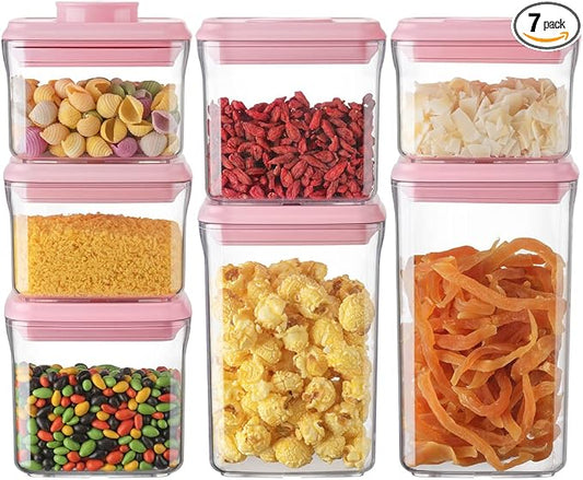 Airtight Food Storage Container - 7 Pcs One Button Handy Container Stackable Food Containers for Snacks Candy Salt Herbs Spices Coffee Bean Formula Popcorn BPA-Free Tight Seal by ANKOU